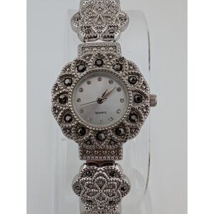 Marcasite Watch Women 26mm Case Silver Hinge Bangle Band- New Battery